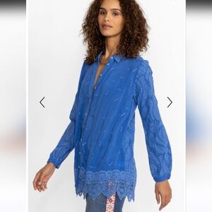 Johnny Was Deni San Embroidered Button-Front Tunic with Lace Hem